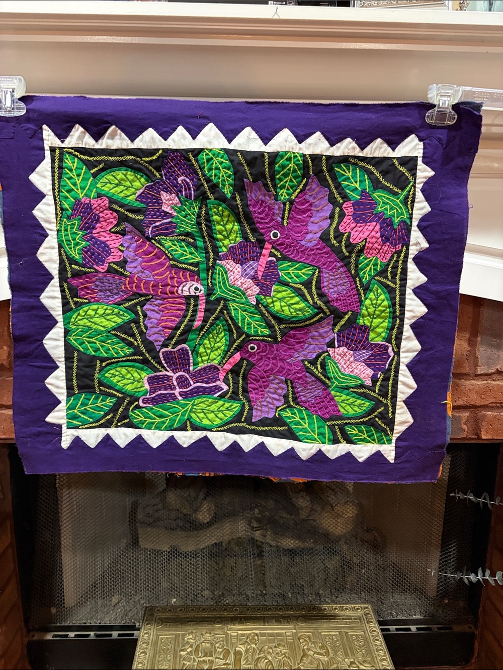 Mola fabric art San Blas Panama Kuna 3 Hummingbirds hand made 26x21”